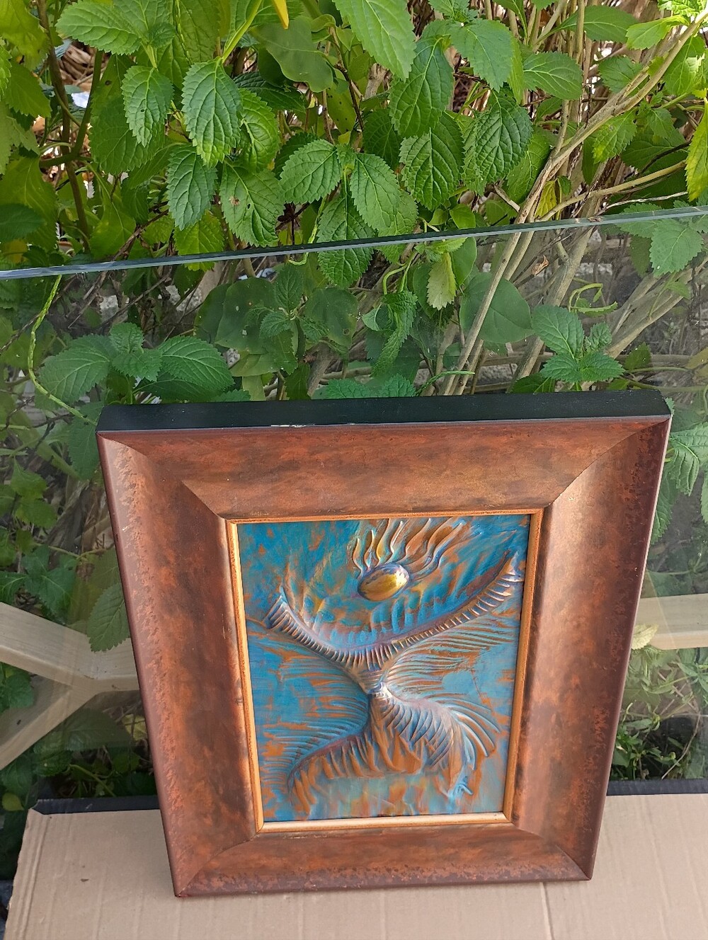 Vintage Copper and Turquoise Mixed-Media Shell Relief Wall Art